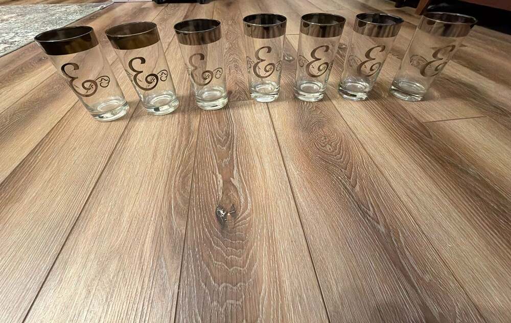 Vintage Mid-Century Modern Silver Rimmed Highball Glasses with Monogram Letter E